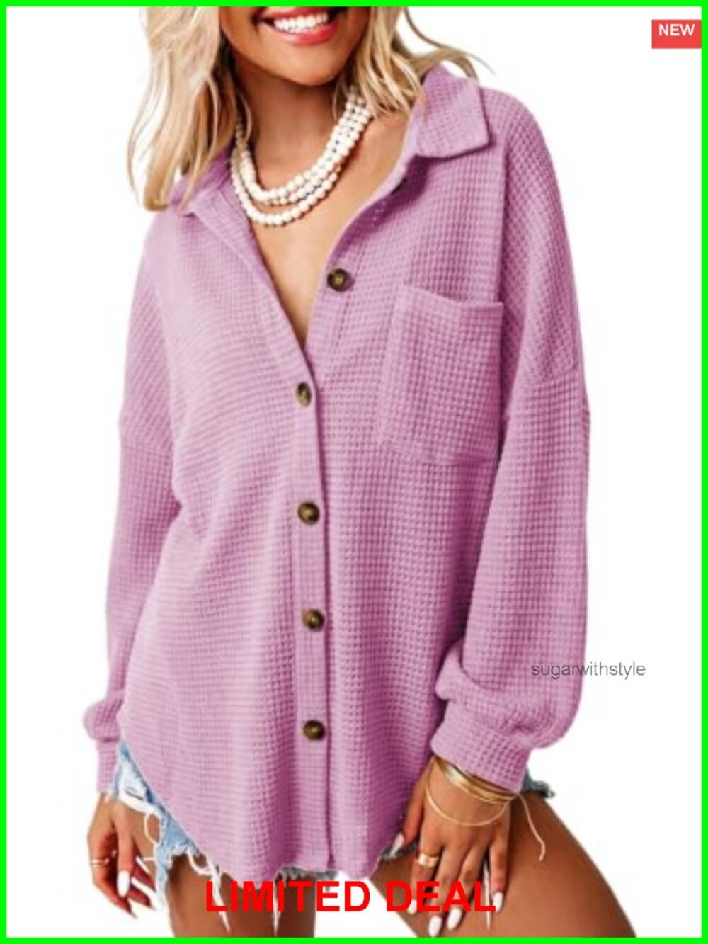 Waffle Knit Shacket Jacket Button Down Shirt Loose Fit Long Sleeve
